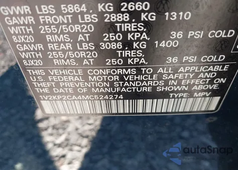 2021 Volkswagen Atlas 2.0T Se W/Technology из США, поврежденный, VIN 1V2KP2CA4MC524274